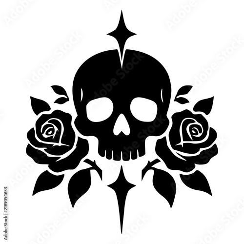 Obraz na plátně Gothic human skull surrounded by blooming roses and leaves, black silhouette vector icon for dark memento mori, death and beauty, tattoo, Halloween, sticker and print designs
