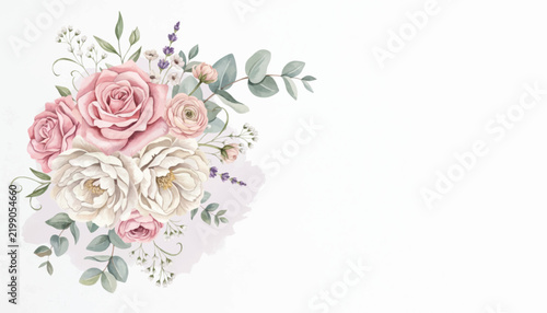Elegant Pink Rose Bouquet with Ribbon and Green Leaves for Wedding, Valentine, Birthday and Romantic Floral Decoration Design