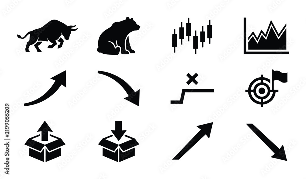 Fototapeta premium Financial Market Icons: Bull, Bear, Candlestick Chart, Growth Graph, Arrows, Target, Box Icons