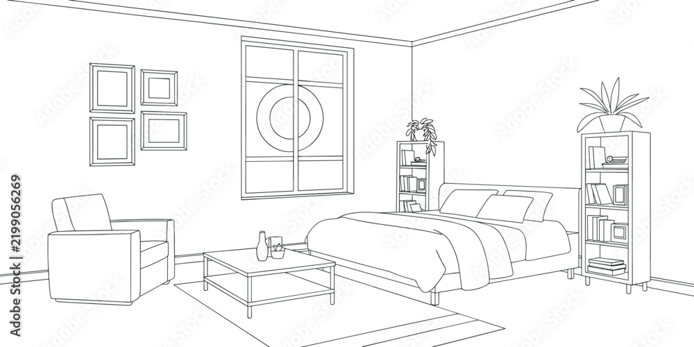 Fototapeta premium Modern bedroom interior line art with bed, armchair, bookshelves, window, rug, and minimalist residential decor