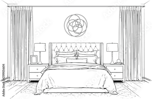 Modern bedroom interior sketch design showing a luxury master bed with headboard and full height curtains blueprint for residential projects