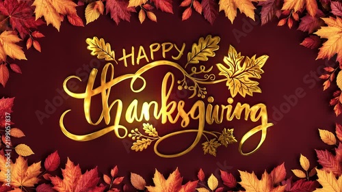 Elegant Happy Thanksgiving greeting with golden 3D text on a dark red background framed by autumn leaves, ideal for social media posts and family messages. 