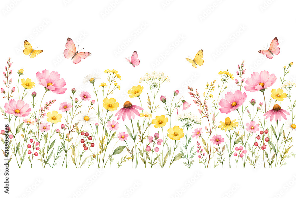Fototapeta premium Watercolor illustration of a beautiful meadow border with colorful wildflowers and flying butterflies isolated on a clean white background design