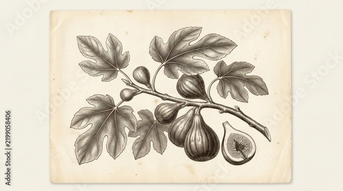 Vintage botanical fig print, antique fig branch illustration with leaves and ripe fruit, Sepia engraved nature art print