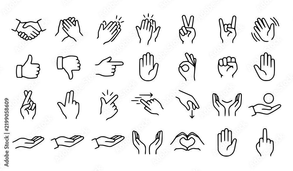 Fototapeta premium Hand drawn hand gesture icon collection featuring signs, symbols, pointing, approval and communication gestures