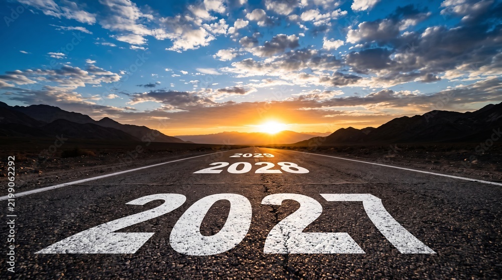 Obraz premium Painted white year markers on gray asphalt road showing future progress towards bright sunny horizon line