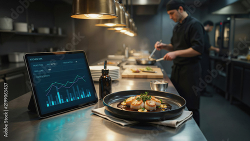 Digital tablet displaying kitchen operations data next to a gourmet scallop dish in a professional restaurant kitchen with showing performance analytics connectivity