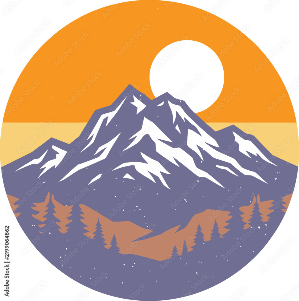 Obraz premium Vintage style illustration of mountains with a setting sun in a circular frame