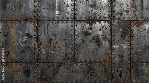 A weathered and industrial metal background featuring heavy steel plates with visible rivets and deep rust stains creating a rugged texture perfect for gritty urban or steampunk designs
