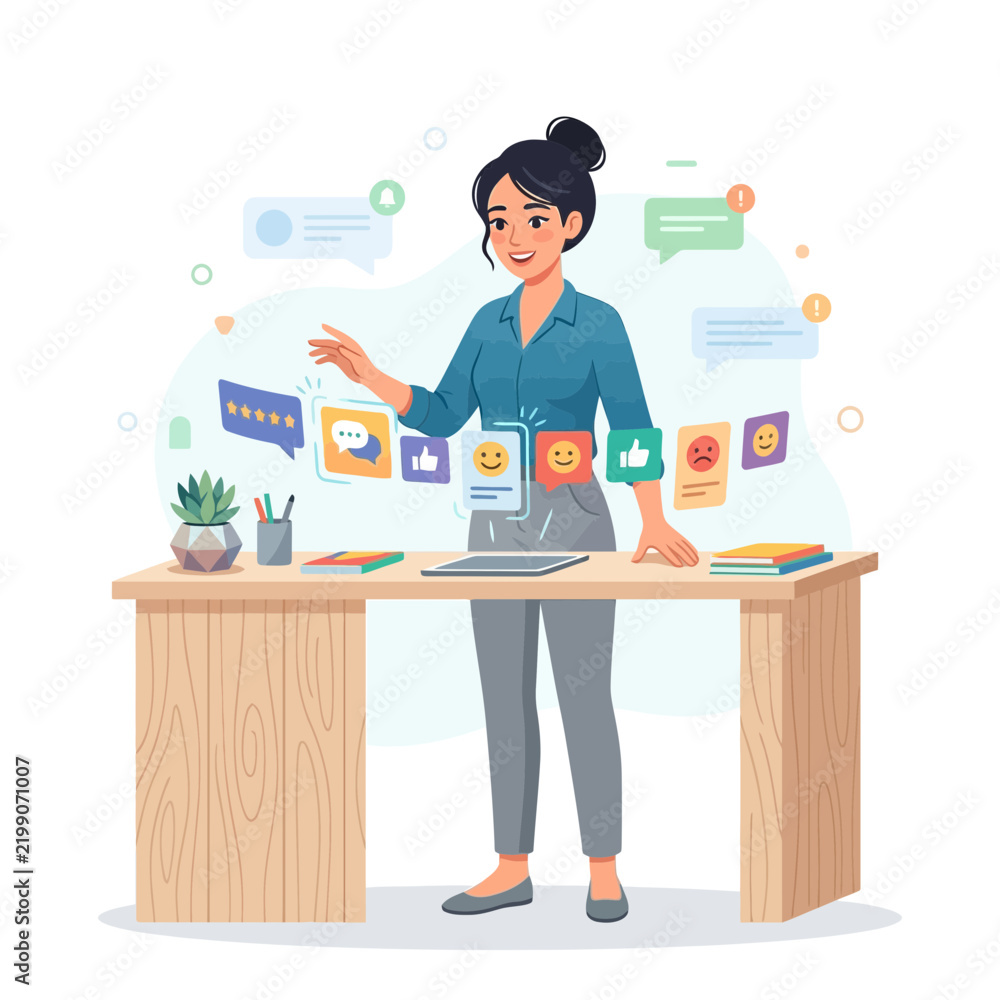 Fototapeta premium Woman Analyzing Social Media Feedback and Customer Reviews at Desk