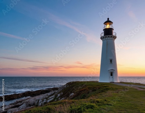 Lighthouse standing on rocky coastline at sunset, illuminating the ocean waves with a warm glow, surrounded by grassy terrain and colorful sky