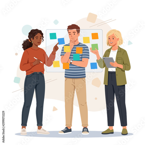 Team collaborating around a sticky note board, brainstorming ideas, planning strategy, and problem solving