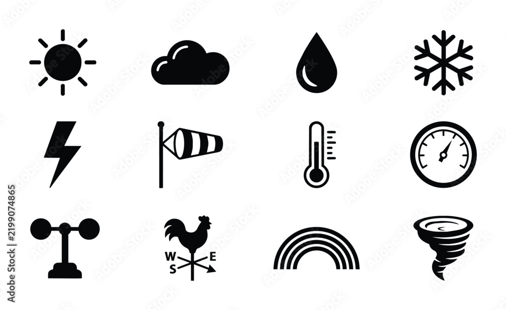 Obraz premium Weather Icons Set, Meteorology Symbols Collection, Climate Forecast Icons, 12 Vector Elements for Meteorology and Forecasting