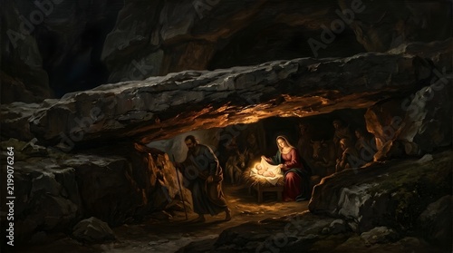 A dramatic oil painting of the Nativity scene inside a dark rocky grotto beneath a naturally eroded lateral stone bridge spanning between two low formations, Mary seated with the radiant infant Jesus 