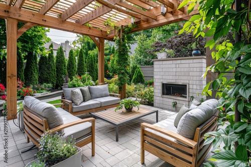 Wooden pergola patio with outdoor fireplace and lounge seating
