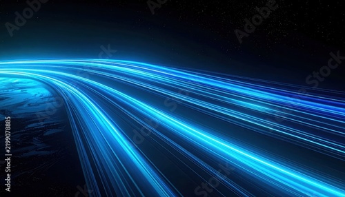 Glowing blue data stream flowing through futuristic digital space with vibrant light trails and speed lines, ideal background for big data analytics and global network communication design.