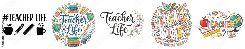 Fototapeta premium Teacher life lettering collection with school supplies and education icons