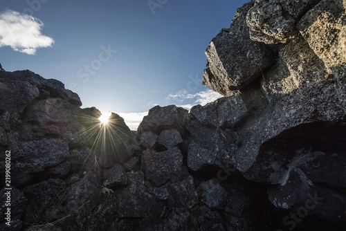 Backlight, view from the hideout of Fjalla-Eyvindur, actually Eyvindur Jónsson, outlaw, Herðubreiðarlindir oasis, Icelandic Highlands, Iceland