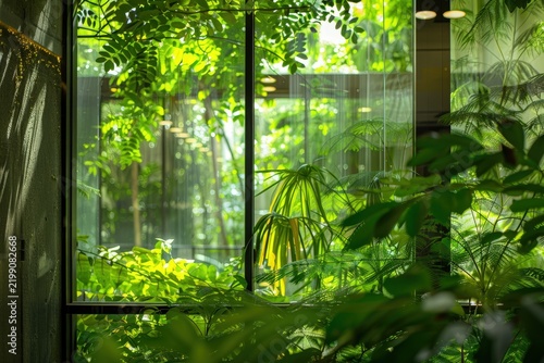 Lush green foliage seen through a large glass window pane