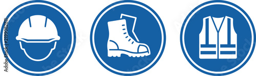 Obraz na plátně Mandatory construction site safety equipment vector icons featuring helmet boot
