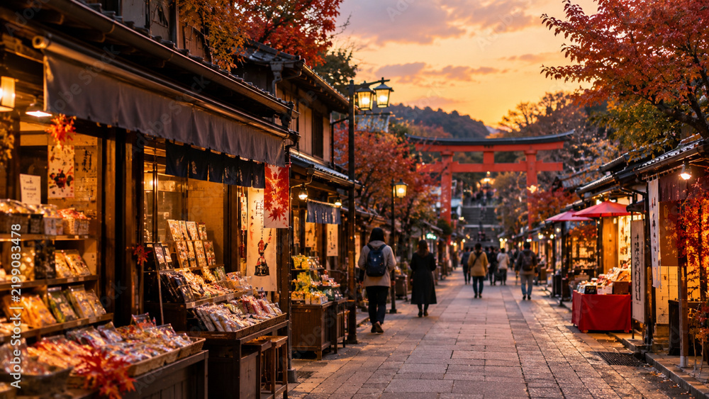 Fototapeta premium Nostalgic Japanese Shopping Street Leading to a Shrine Torii at Autumn Sunset
