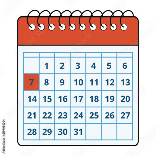 Vector illustration of a red calendar with all the days of the month and a specific day marked, day 07.
