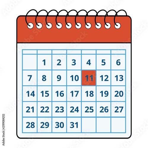 Vector illustration of a red calendar with all the days of the month and a specific day marked, day 11.
