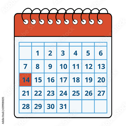 Vector illustration of a red calendar with all the days of the month and a specific day marked, day 14.