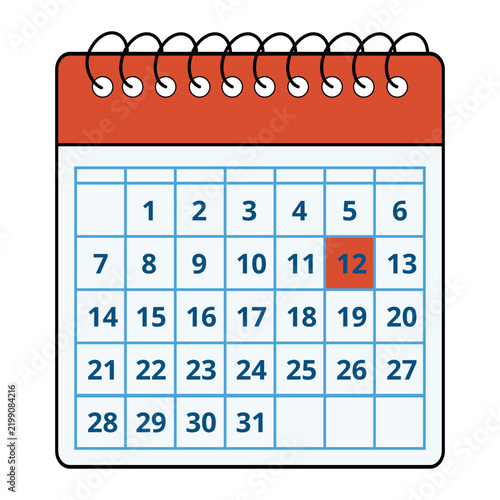 Vector illustration of a red calendar with all the days of the month and a specific day marked, day 12.