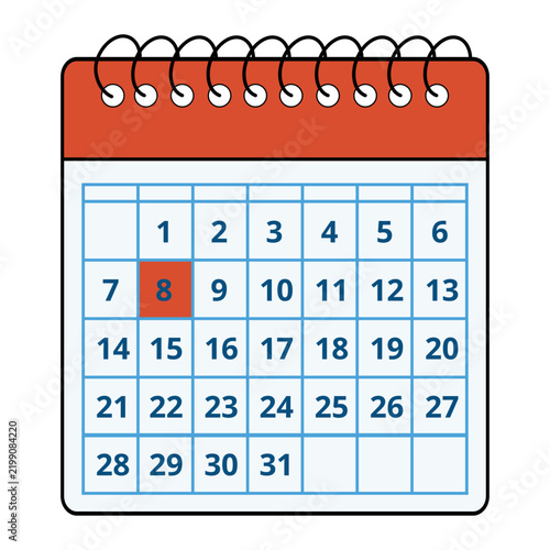 Vector illustration of a red calendar with all the days of the month and a specific day marked, day 08.