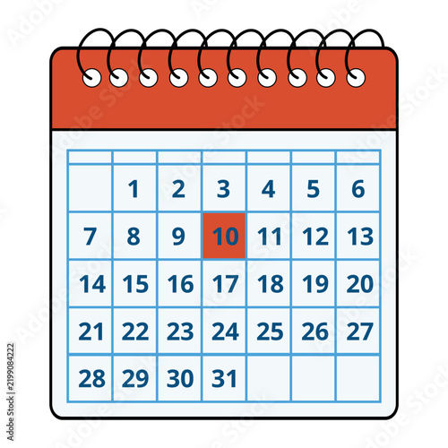 Vector illustration of a red calendar with all the days of the month and a specific day marked, day 10.