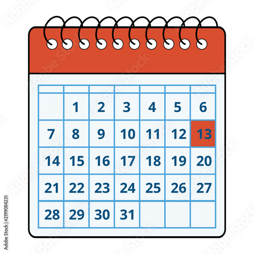 Vector illustration of a red calendar with all the days of the month and a specific day marked, day 13.