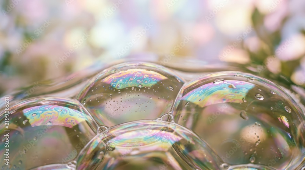 Obraz premium Close-up macro photograph of iridescent soap bubbles reflecting a soft, bokeh background of light and foliage
