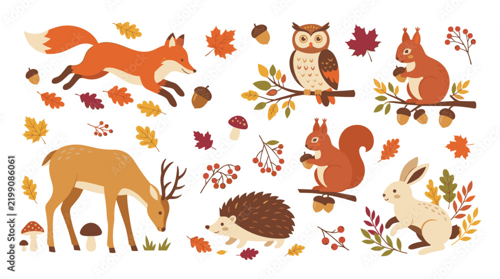 Obraz premium Autumn woodland animals set with cute deer, fox, owl, squirrel, hedgehog, rabbit, and colorful leaves