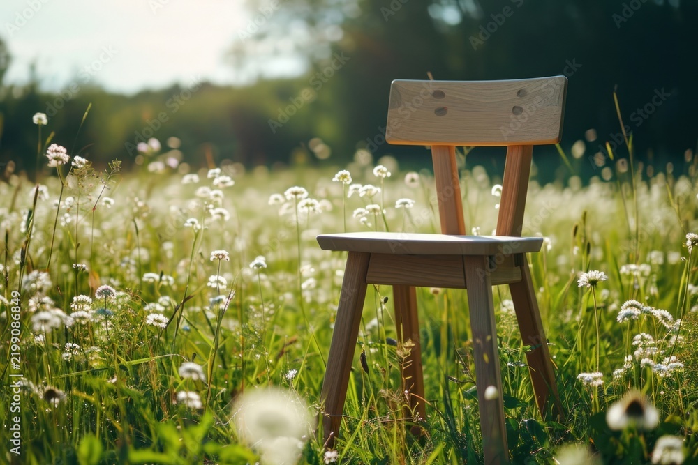 Fototapeta premium Front view wood chair packaging nature flower field.