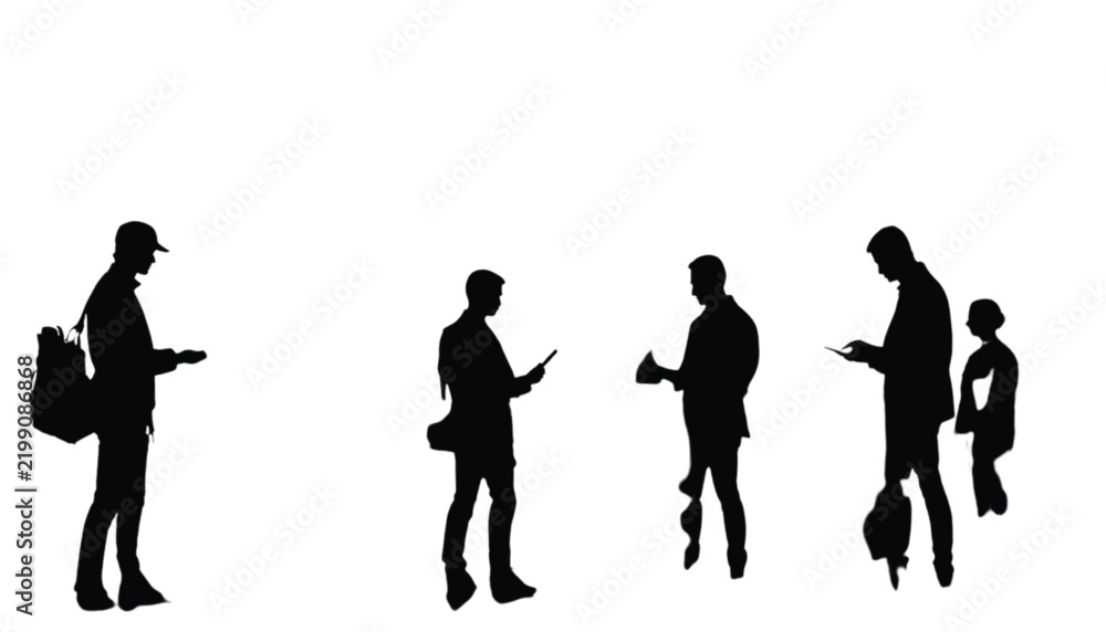 Fototapeta premium Silhouettes of diverse people standing in a row while using smartphones and mobile devices on a white background.