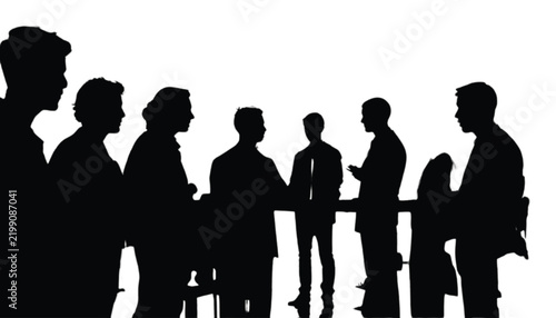 Silhouettes of business people standing and networking in a row during a corporate conference on white background.