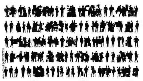 Crowd of people silhouettes arranged in horizontal rows showcase diverse daily activities and postures on white.