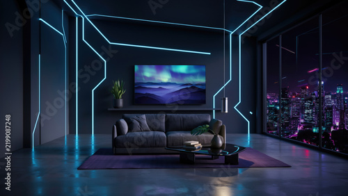 Modern living room interior with glowing neon geometric wall lights and a city skyline view with large windows overlooking city night neon blue light strips walls