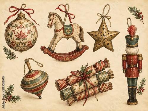 Vintage style christmas ornaments set including a patterned bauble, a rocking horse, a metal star, a nutcracker soldier, and wrapped candies on a textured paper background