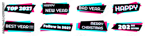 Set of 2027 Happy New Year logo sticker design. New Year stickers template in popular social media style. Collection of 2027 Happy New Year card, cover, poster. 