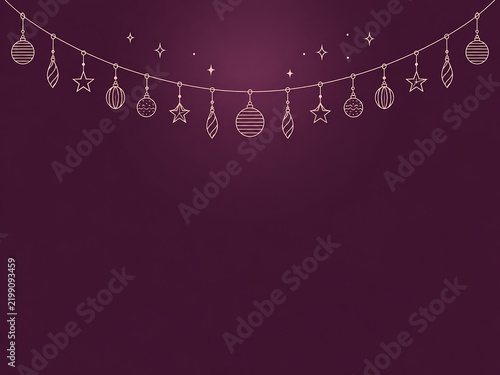 Festive christmas garland with hanging baubles, stars, and ornaments in thin gold lines arranged on a deep dark purple gradient background texture