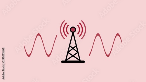 Illustration of a red radio tower emitting signal waves with a sine wave passing through it on a soft pink background showing wireless communication