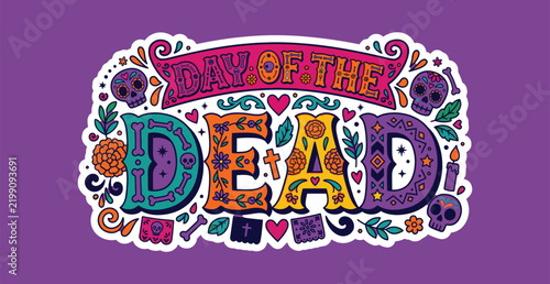 Day of the Dead colorful hand-drawn typography and skull doodle illustration
