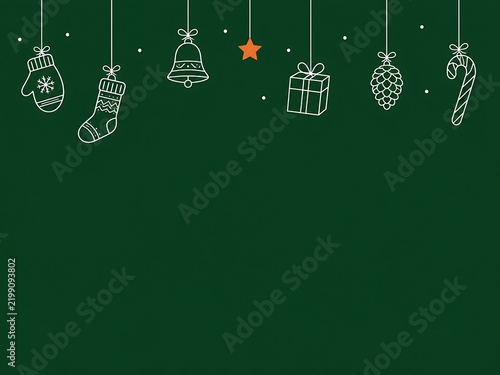 Hanging christmas icons including a mitten, stocking, bell, gift box, pinecone, and candy cane in white outline on a solid dark green background