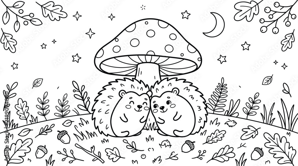 Fototapeta premium Cute hedgehogs under a large mushroom coloring page vector illustration with starry night background