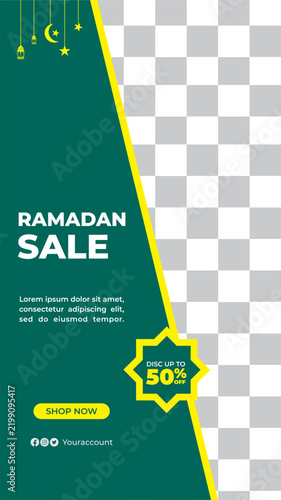 Editable vector Ramadan sale story template with diagonal dark green panel, yellow edge line, star shaped discount badge, photo placeholder, and button.