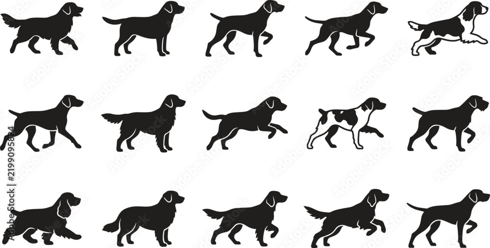 Obraz premium Set of running dog silhouettes in various poses and breeds for design projects