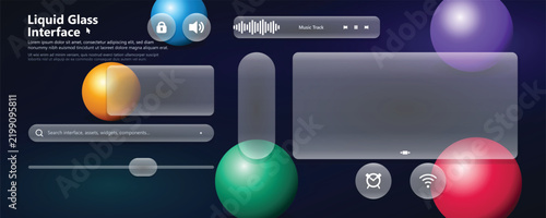 Modern Liquid Glass User Interface Design with Frosted Elements and Abstract Spheres