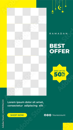 Editable vector Ramadan best offer story template with tall photo placeholder, yellow border, star shaped discount badge, hanging lanterns, and button.